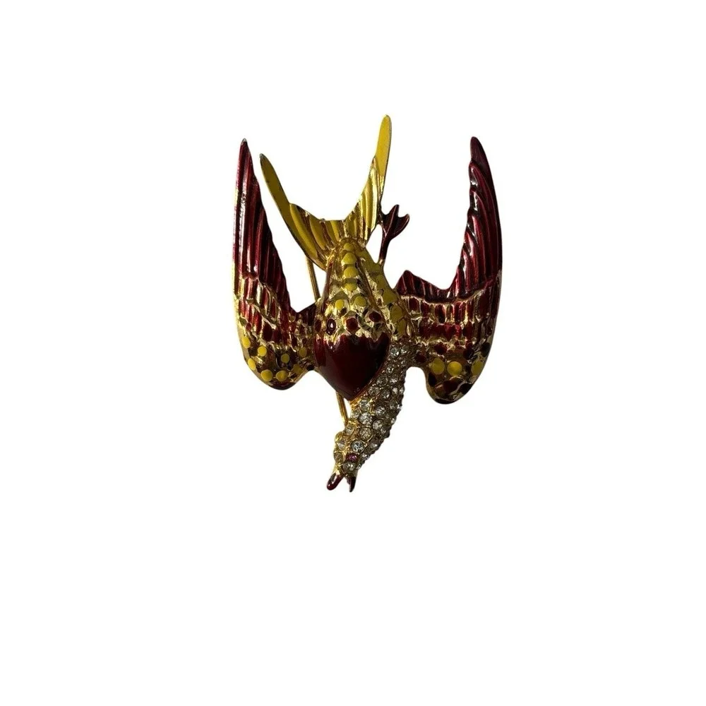 Vintage Gold Tone Red and Yellow Enamel Rhinestone‎ Fire Bird Brooch Pin